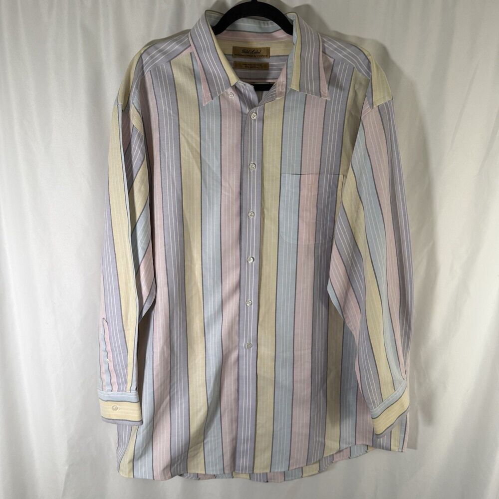 Roundtree Yorke Gold Label Oxford Shirt Men's 17 34 Pink Blue Striped Non-Iron